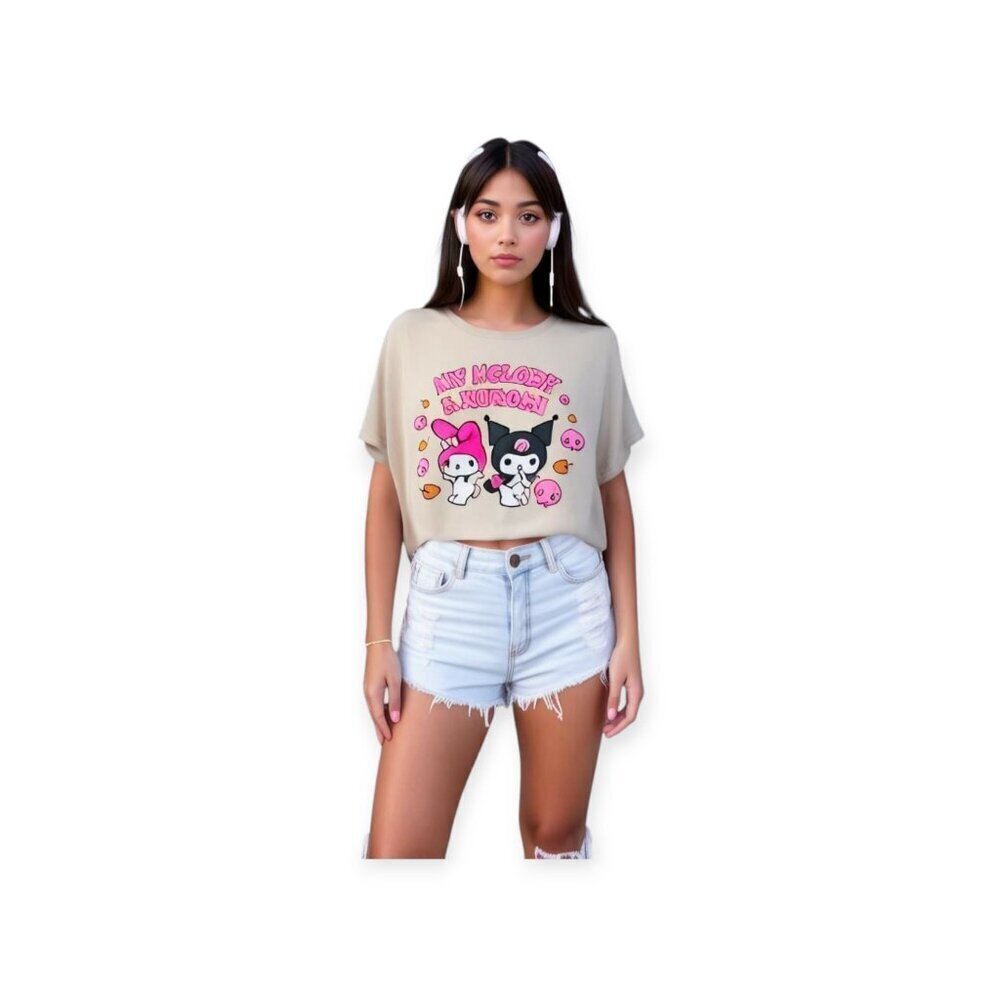 Sanrio My Melody Kuromi Beige T-Shirt Size L Y2K Graphic Cotton Tee